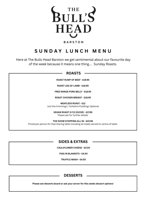 Sunday Roast Menu